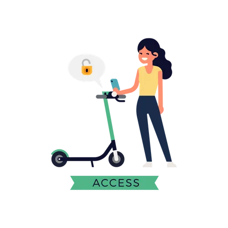 Lady Accessing Rental Electric Scooter Illustration