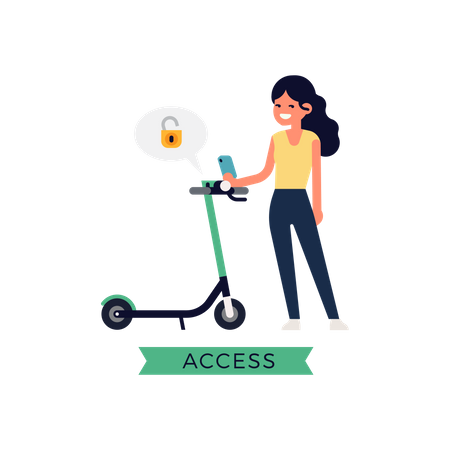 Lady Accessing Rental Electric Scooter  Illustration