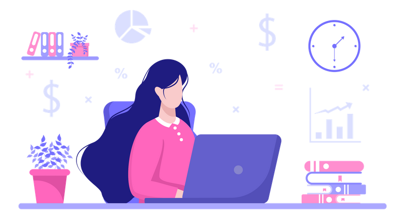 Lady accountant working on laptop  Illustration