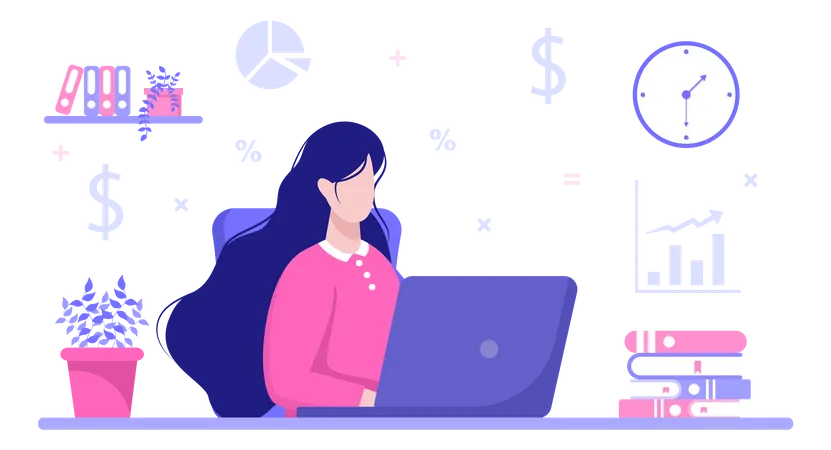 Lady accountant working on laptop  Illustration