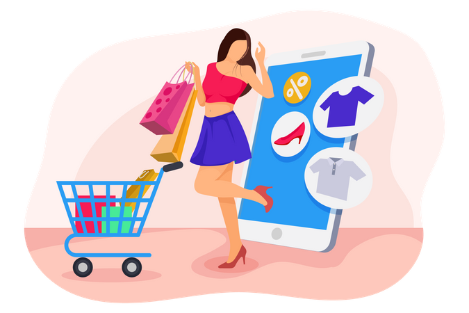 Lady adding items into cart  Illustration