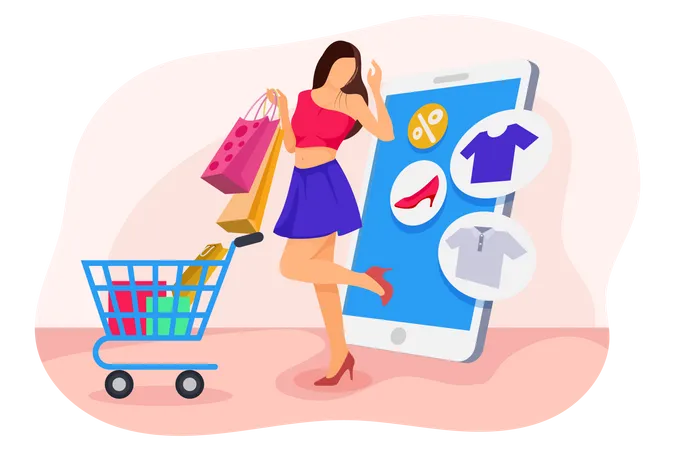 Lady adding items into cart  Illustration