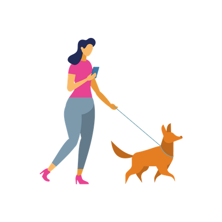 Lady and pet dog walking with chatting on mobile  Illustration