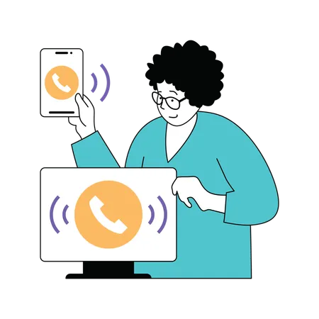 Lady calling from phone to computer  Illustration