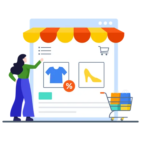 Lady Choosing Discounted Items from shopping site Illustration