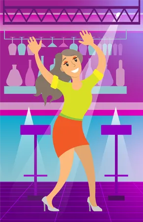 Smiling Woman With Rising Hands Dancing Near Counter Bar With Glass And Chairs Lady Wearing Dress Moving On Purple Dance Floor Celebration Event Vector Illustration
