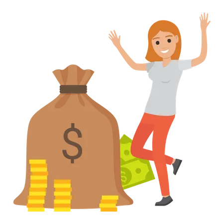 Lady dancing near currency bag of gold coins  Illustration