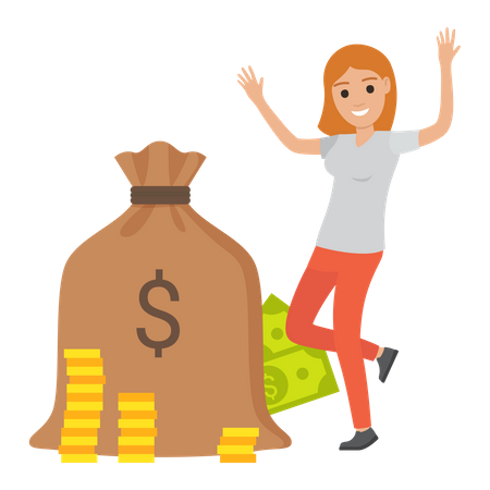 Lady dancing near currency bag of gold coins  Illustration