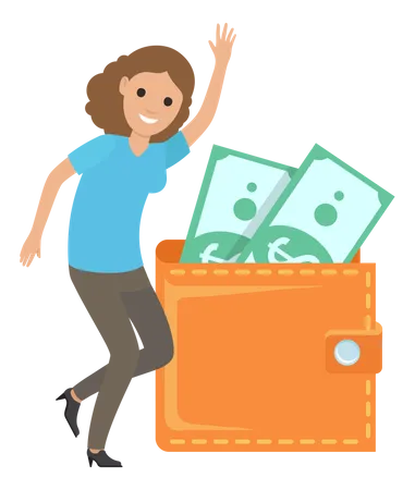 Lady dancing near wallet with currency bills  Illustration