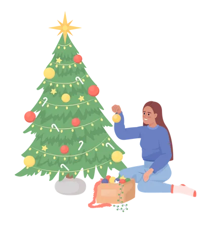 Lady Decorating Christmas Tree Semi Flat Color Vector Character Editable Figure Full Body Person On White Holiday Preparation Simple Cartoon Style Illustration For Web Graphic Design And Animation Illustration
