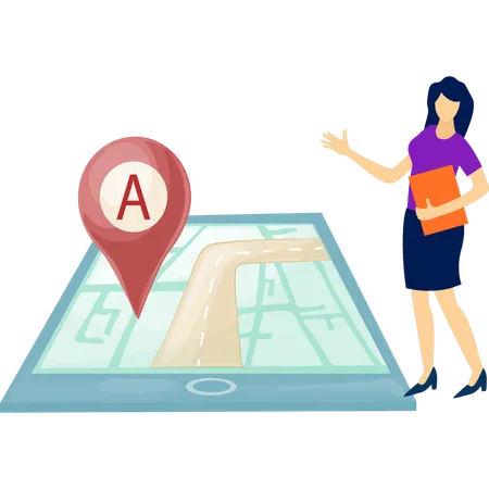 Lady displays location pointer on mobile  Illustration