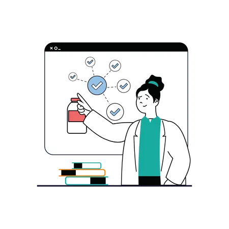 Lady doctor showing medicine bottle on screen  Illustration