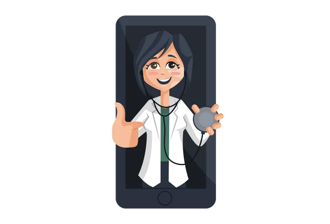 Lady Doctor with stethoscope on mobile Screen Illustration