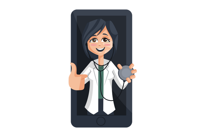 Lady Doctor with stethoscope on mobile Screen  Illustration