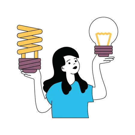 Lady doing comparison fluorescent with electric bulb  Illustration