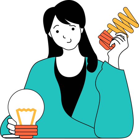 Lady doing comparison fluorescent with electric bulb  Illustration