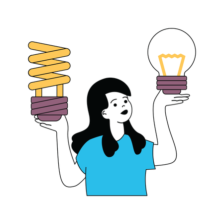 Lady doing comparison fluorescent with electric bulb  Illustration