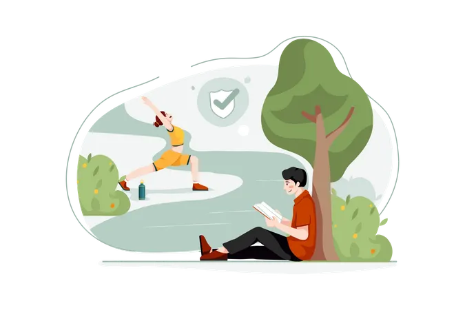 Lady Doing Exercise and boy reading book freely in park Illustration