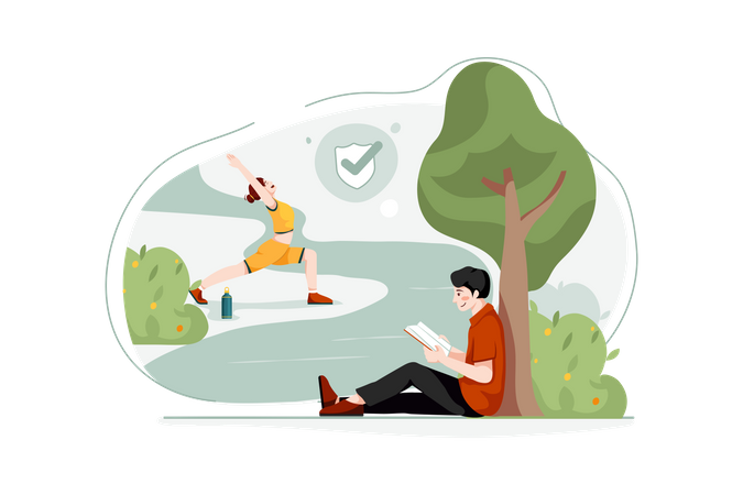 Lady Doing Exercise and boy reading book freely in park  Illustration