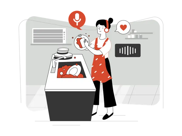 Lady doing household work with help of technology  Illustration
