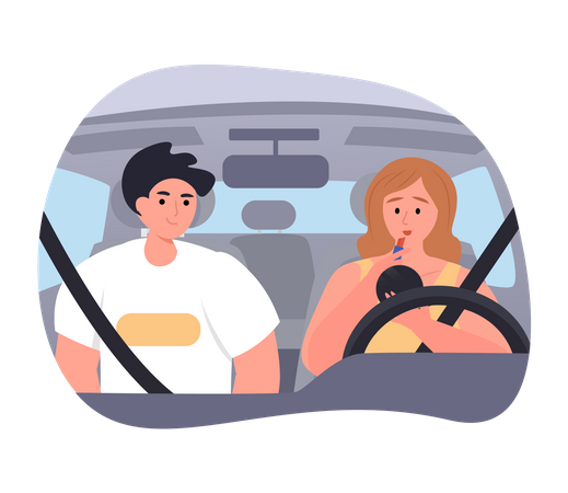 Lady doing lipstick in car while go for ride  Illustration