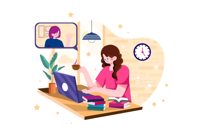 Lady doing online meeting on a laptop while holding coffee cup on the desk Illustration