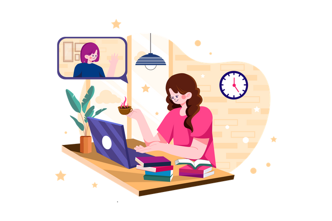 Lady doing online meeting on a laptop while holding coffee cup on the desk  Illustration