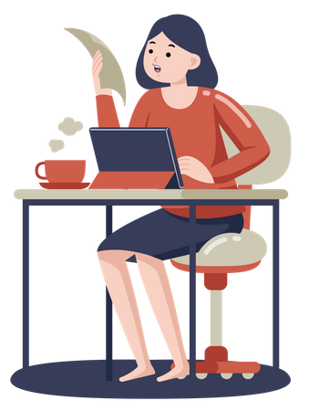 Lady doing online meeting on tablet with coffee cup on desk  Illustration