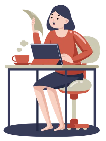 Lady doing online meeting on tablet with coffee cup on desk Illustration