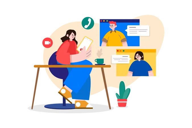 Lady doing online meeting with coffee cup on the desk Illustration