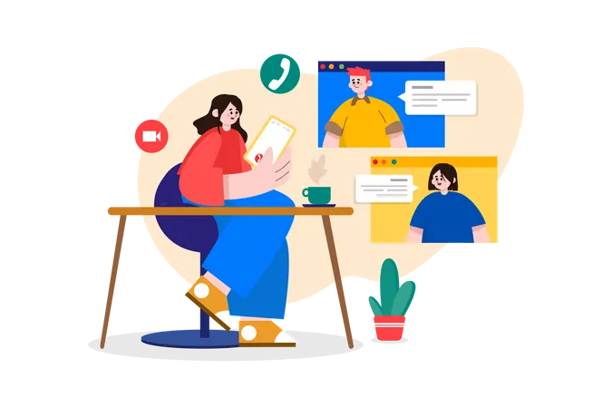 Lady doing online meeting with coffee cup on the desk  Illustration