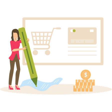 Lady doing online shopping according shopping list  Illustration