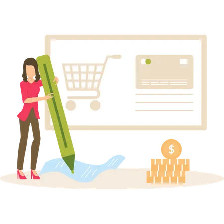 Lady doing online shopping according shopping list  Illustration