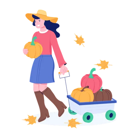 Lady doing Pumpkin Harvest  Illustration