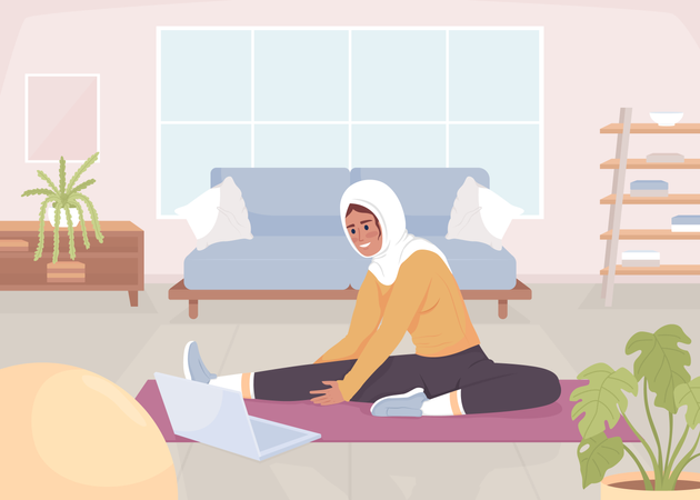 Lady doing stretching with video lesson  Illustration