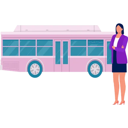 교통 버스와 함께 서 있는 여성 운전사  일러스트레이션