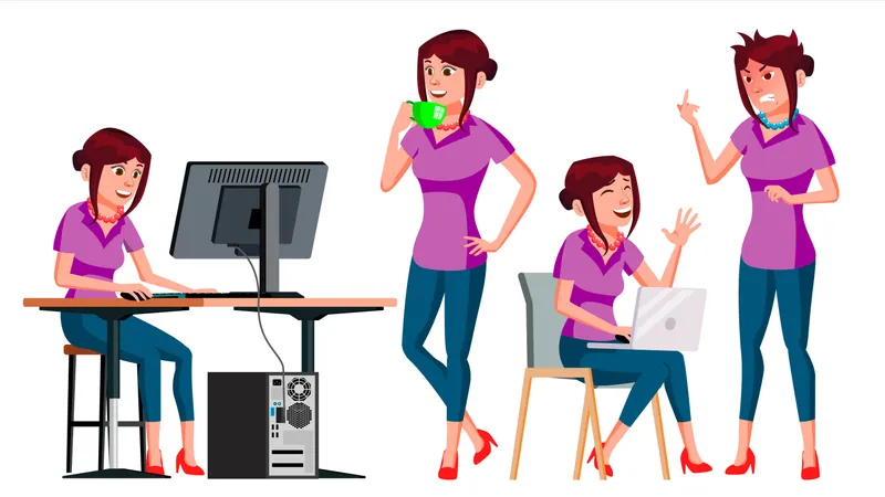 Lady Employee With Different Gesture Illustration