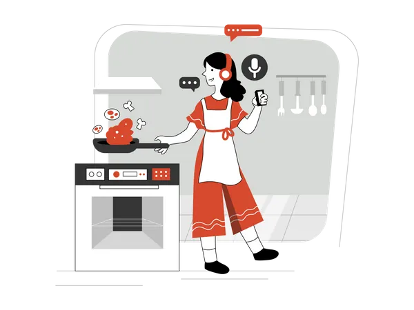 Lady enjoy cooking with technology. Illustration