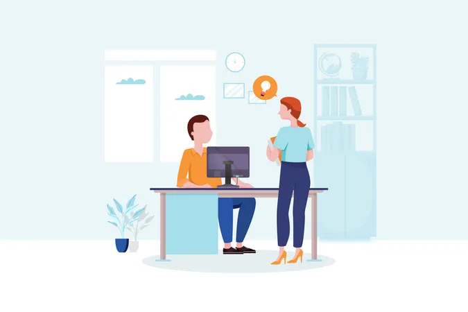 Lady explaining business idea to manager in office Illustration