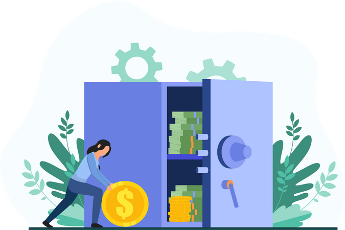 Lady filling up money in bank locker  Illustration