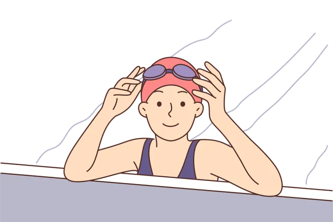 Little Girl Swims In Pool And Leaning On Side Looks At Screen Taking Off Diving Goggles Happy Child In Bathing Suit Is Learning Sports Swimming Or Relaxing In Hotel Pool With Parents Illustration