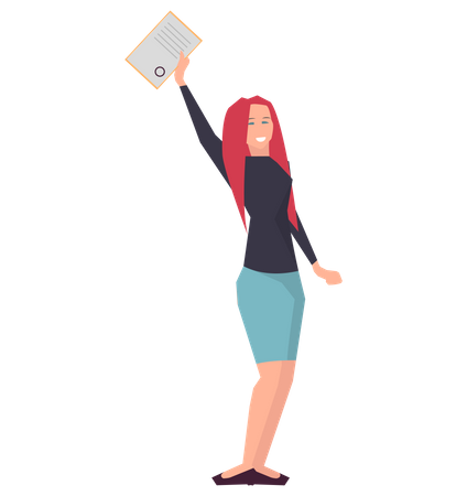 Lady holds diploma as symbol of victory in business  Illustration