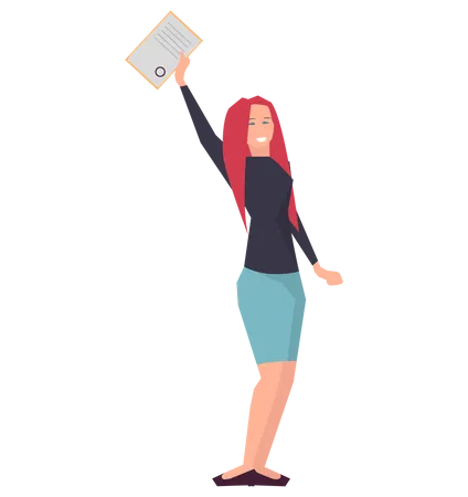 Lady holds diploma as symbol of victory in business  Illustration