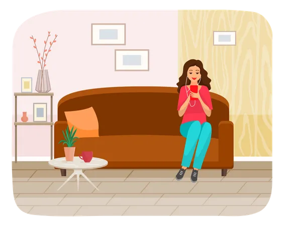 Lady in headpones sitting on couch, listening to music and browsing social media on smartphone  Illustration