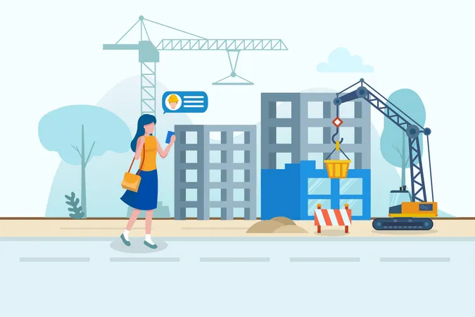 Lady inspecting construction site with help of contractor in digitization in construction concept  Illustration