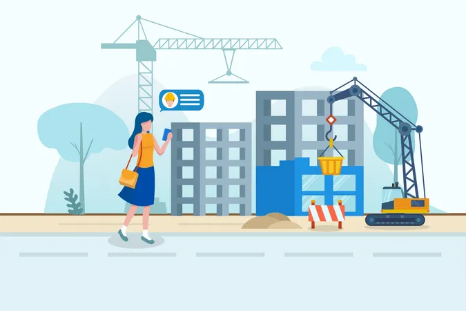 Lady inspecting construction site with help of contractor in digitization in construction concept Illustration