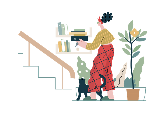 Lady is arranging books in rack  Illustration