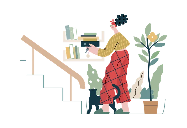 Lady is arranging books in rack  Illustration