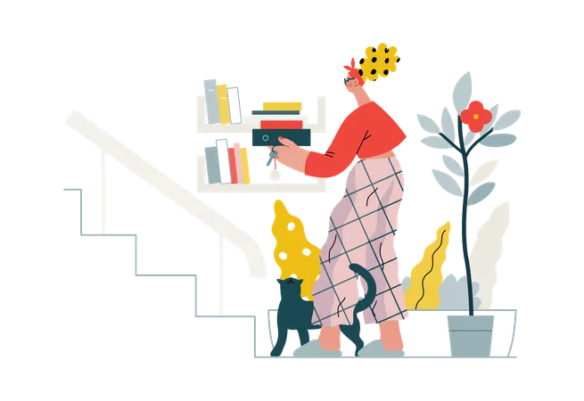 Lady is arranging books in rack  Illustration