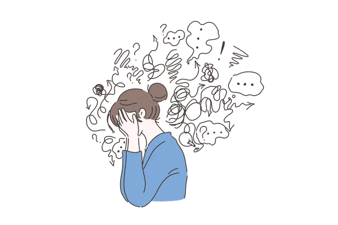 Mental Disorder Finding Answers Confusion Concept Woman Suffering From Depression Closing Face With Palms In Despair Girl Trying To Solve Complex Problems Simple Flat Vector Illustration